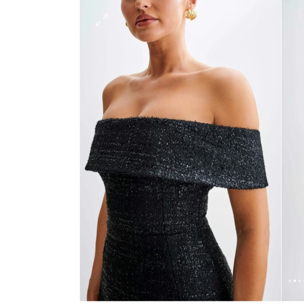 Meshki Helena tweed off shoulder mini dress black sz Lg homecoming dinner party